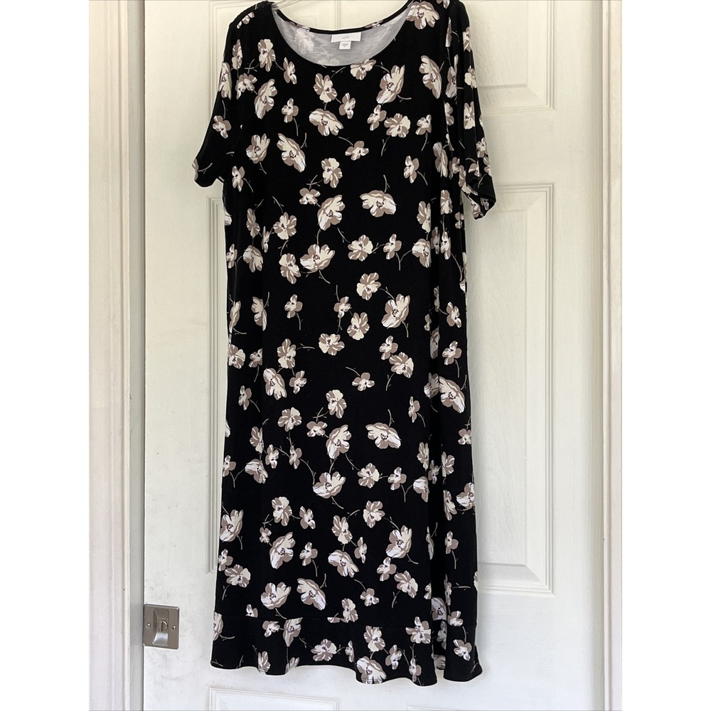 J Jill Black Floral Dress Flutter Skirt Short Sleeve Boat Neck Small A-Line